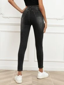 Bleach Wash Skinny Jeans - Dark Grey - View 2