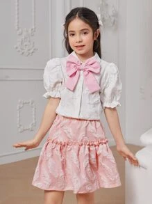 Chicas 1 pieza Camisa hoja jacquard con lazo delantero de manga farol ribete fruncido - Blanco - Ver 4