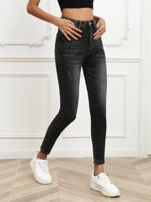Bleach Wash Skinny Jeans - Dark Grey - View 4