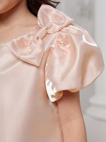 SHEIN Tween Girl Elegant Bubble Sleeve Pleated Hem Dress With Large Bowknot On Chest For Parties And Gatherings, Summer - Pink - View 6