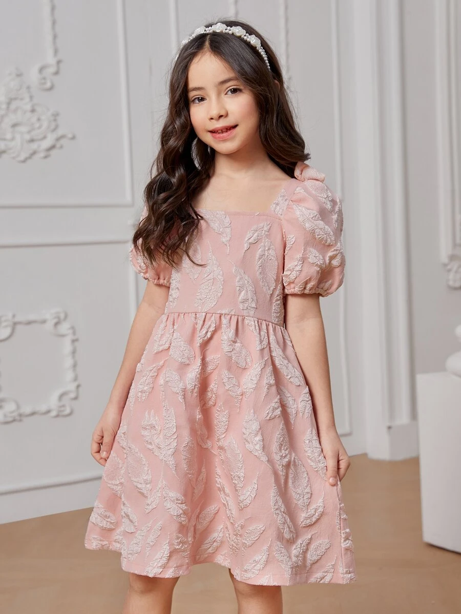 Tween Girls Jacquard Square Neck Puff Sleeve Party Dress - Baby Pink - View 1