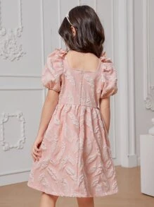 Tween Girls Jacquard Square Neck Puff Sleeve Party Dress - Baby Pink - View 2