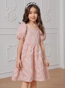 Tween Girls Jacquard Square Neck Puff Sleeve Party Dress - Baby Pink - View 3