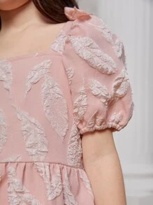 Tween Girls Jacquard Square Neck Puff Sleeve Party Dress - Baby Pink - View 4