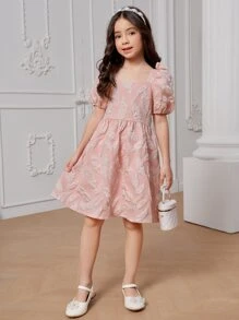 Tween Girls Jacquard Square Neck Puff Sleeve Party Dress - Baby Pink - View 5