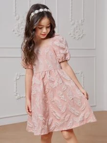 Tween Girls Jacquard Square Neck Puff Sleeve Party Dress - Baby Pink - View 6
