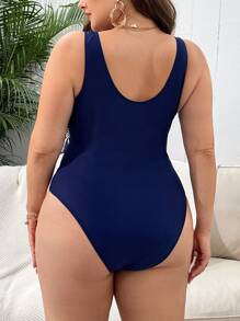 SHEIN Swim Curve Plus Size Tropical Knot One Piece Swimsuit Bathing Suits Plus Size Summer - Navy Blue - View 2