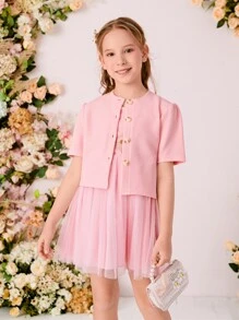 Girls Floral Embroidery Mesh Overlay Cami Dress & Shirt - Pink - View 1