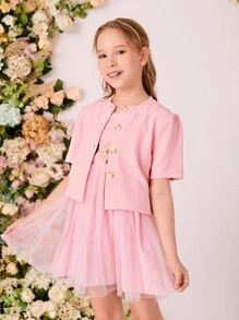 Girls Floral Embroidery Mesh Overlay Cami Dress & Shirt - Pink - View 3