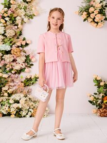 Girls Floral Embroidery Mesh Overlay Cami Dress & Shirt - Pink - View 4