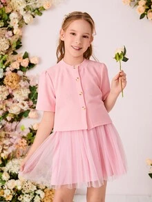 Girls Floral Embroidery Mesh Overlay Cami Dress & Shirt - Pink - View 5