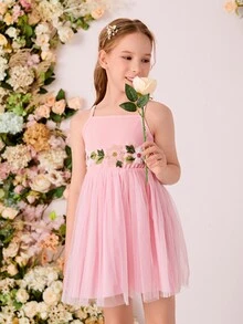 Girls Floral Embroidery Mesh Overlay Cami Dress & Shirt - Pink - View 6