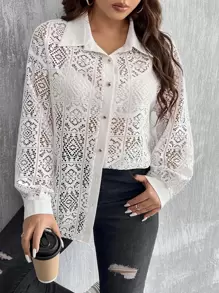 Celure Plus Hollow Out Drop Shoulder Shirt Without Bra - White - View 1