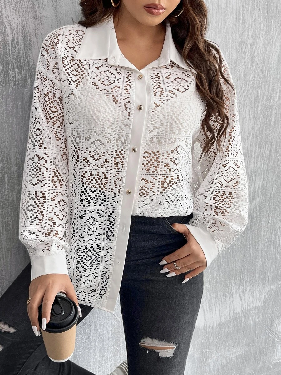 Celure Plus Hollow Out Drop Shoulder Shirt Without Bra - White - View 1