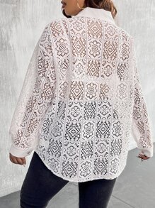 Celure Plus Hollow Out Drop Shoulder Shirt Without Bra - White - View 2