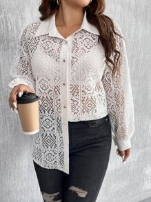 Celure Plus Hollow Out Drop Shoulder Shirt Without Bra - White - View 3