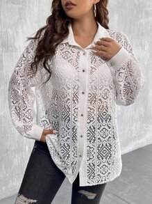 Celure Plus Hollow Out Drop Shoulder Shirt Without Bra - White - View 4