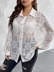 Celure Plus Hollow Out Drop Shoulder Shirt Without Bra - White - View 6