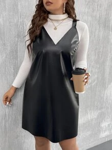 Celure Plus PU Leather Pinafore Dress Without Jumper - Black - View 4