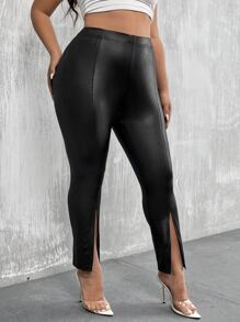 Calvaya Plus High Waist Split Hem PU Leather Leggings - Black - View 1