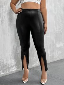 Calvaya Plus High Waist Split Hem PU Leather Leggings - Black - View 5