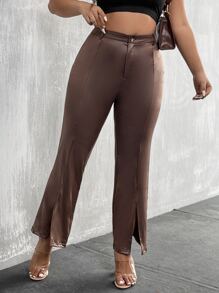SHEIN Unity Plus Split Hem Flare Leg Trousers - Chocolate Brown - View 1