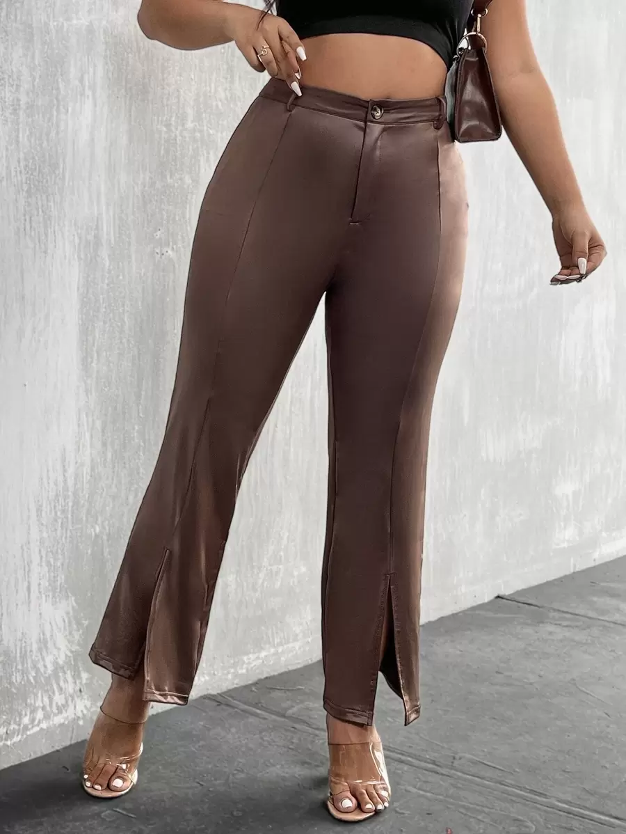 SHEIN Unity Plus Split Hem Flare Leg Trousers - Chocolate Brown - View 1