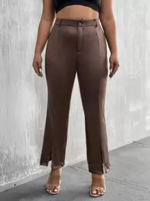 SHEIN Unity Plus Split Hem Flare Leg Trousers - Chocolate Brown - View 3