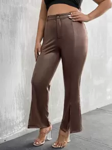 SHEIN Unity Plus Split Hem Flare Leg Trousers - Chocolate Brown - View 5