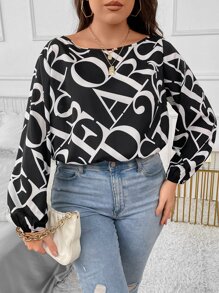 SHEIN LUNE Plus Letter Graphic Lantern Sleeve Bodysuit - Black and White - View 1