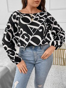 SHEIN LUNE Plus Letter Graphic Lantern Sleeve Bodysuit - Black and White - View 3