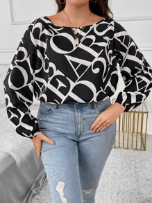 SHEIN LUNE Plus Letter Graphic Lantern Sleeve Bodysuit - Black and White - View 4