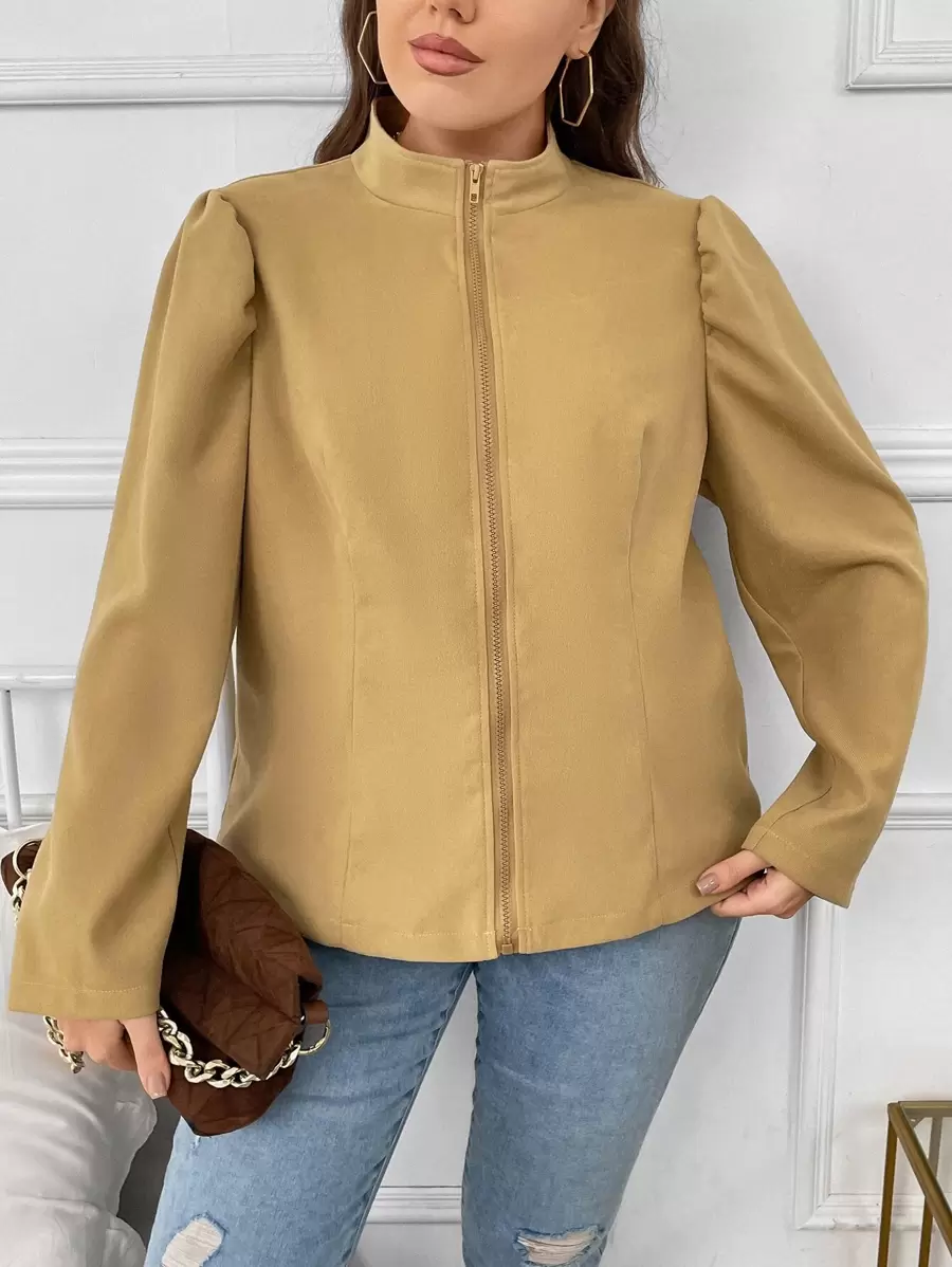 SHEIN LUNE Plus Zip Up Puff Sleeve Jacket - Brown - View 1