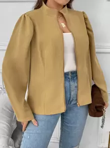 SHEIN LUNE Plus Zip Up Puff Sleeve Jacket - Brown - View 3