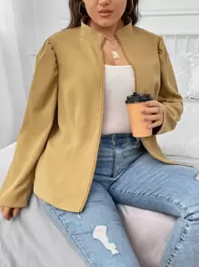 SHEIN LUNE Plus Zip Up Puff Sleeve Jacket - Brown - View 4