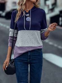 SHEIN LUNE Colour Block Drawstring Hoodie - Multicolor - View 1