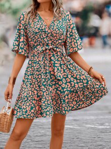 Breezaya Leopard Print Butterfly Sleeve Ruffle Hem Belted Dress - Green - View 3