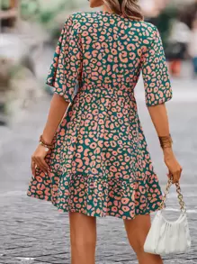 Breezaya Leopard Print Butterfly Sleeve Ruffle Hem Belted Dress - Green - View 2