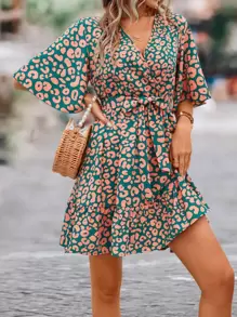 Breezaya Leopard Print Butterfly Sleeve Ruffle Hem Belted Dress - Green - View 6