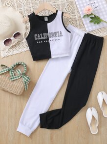 SHEIN Girls Two Tone Letter Graphic Two Tone Tank Top & Joggers - Black and White - View 1