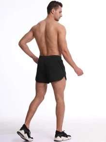 Men Zip Pocket Drawstring Waist Sports Shorts - Black - View 2
