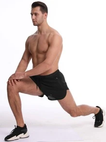 Men Zip Pocket Drawstring Waist Sports Shorts - Black - View 6