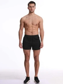 Men Zip Pocket Drawstring Waist Sports Shorts - Black - View 7