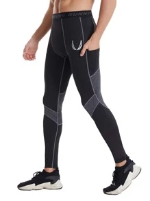 Hombres Mallas deportivas de color combinado con estampado de ala con puntada - Negro - Ver 1