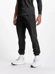 Men Slant Pocket Drawstring Waist Sports Trousers - Black - View 1
