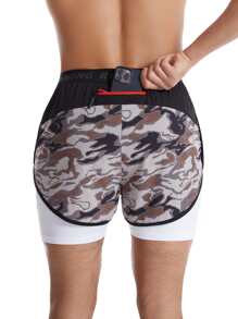 Men Camo Print 2 In 1 Sports Shorts With Phone Pocket - Multicolor - View 2