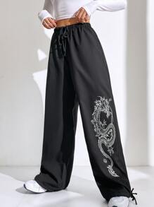 SHEIN EZwear 中國龍印花抽繩下擺降落傘褲