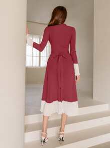 Modelyn Two Tone Mock Neck Flounce Sleeve Ruffle Hem Sweater Dress - Rose Red - View 2