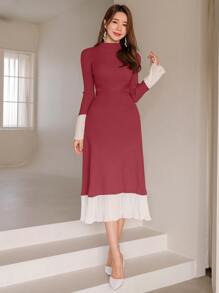 Modelyn Two Tone Mock Neck Flounce Sleeve Ruffle Hem Sweater Dress - Rose Red - View 3