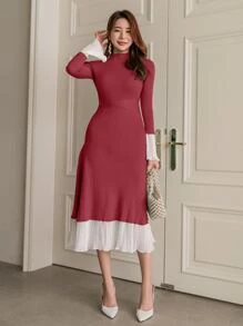 Modelyn Two Tone Mock Neck Flounce Sleeve Ruffle Hem Sweater Dress - Rose Red - View 6